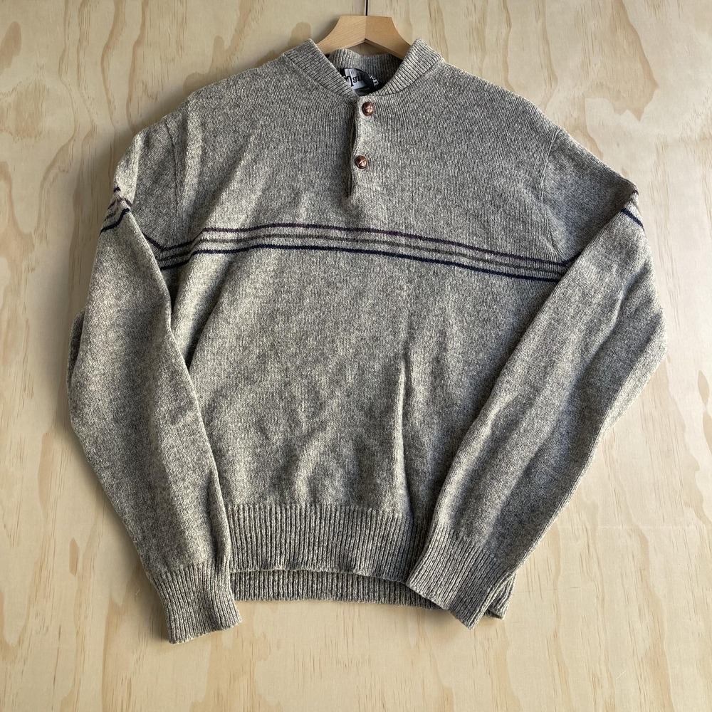Vintage Jantzen Sweater Mens Large Gray Mock Neck Henley Stripe Knit USA 90s